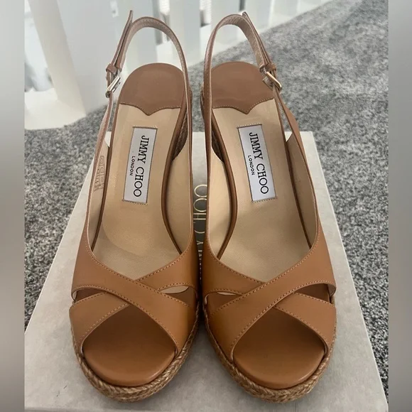 Jimmy Choo Carmel Brown Leather Wedge Sandals - Picture 3 of 13